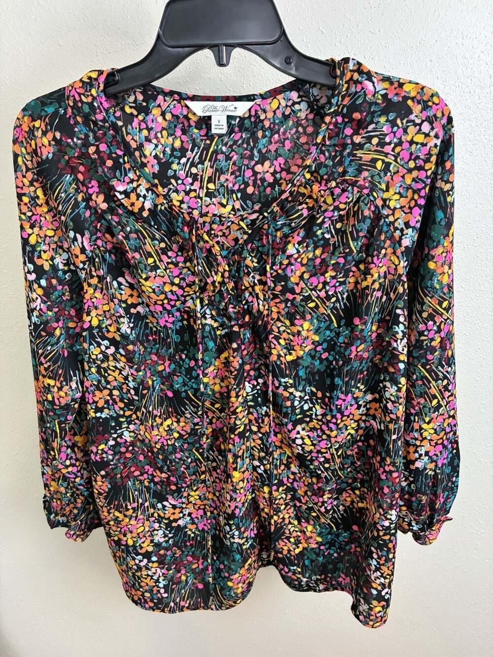 The Pioneer Woman Black Multi Floral Confetti Tie Neck Blouse Small Long Sleeve